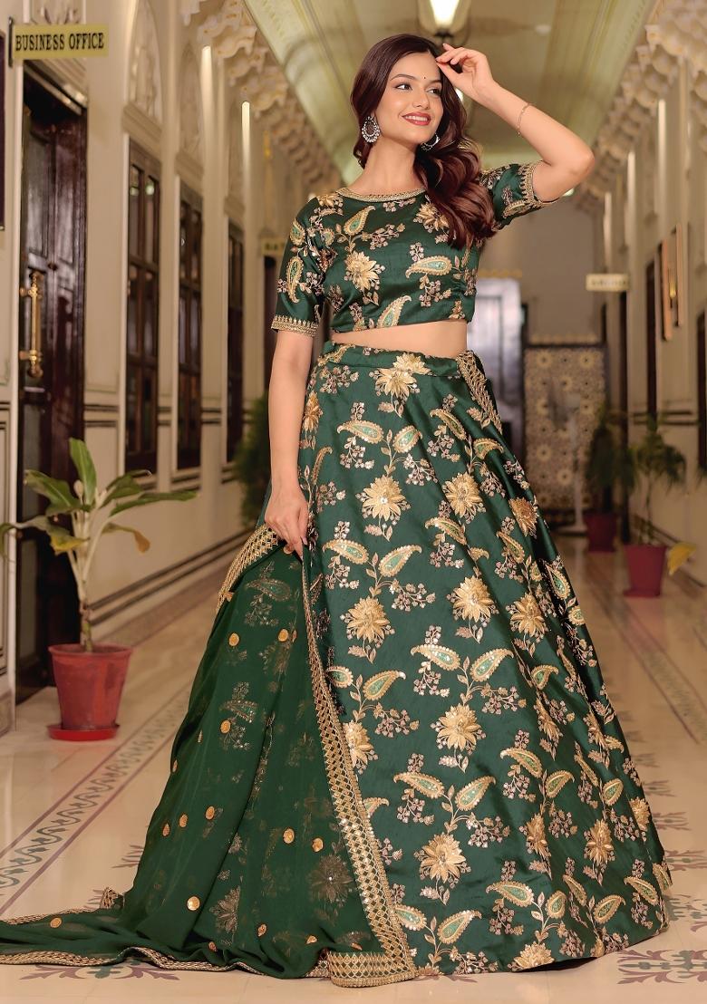 Green Embroidered Silk Lehenga Set - Indya
