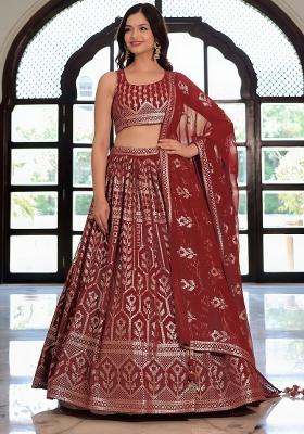 Maroon Embroidered Georgette Lehenga Set