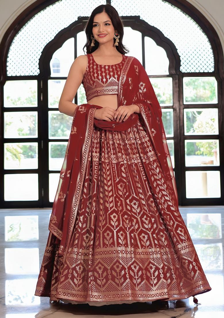 Maroon Embroidered Georgette Lehenga Set - Indya