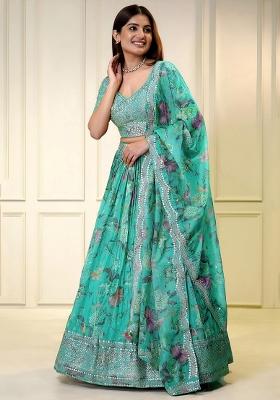 Turquoise Embroidered Organza Lehenga Set