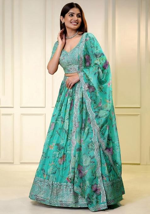 Turquoise Embroidered Organza Lehenga Set