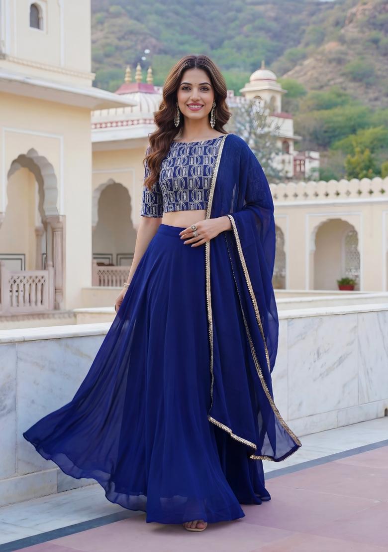 Blue Embroidered Georgette Lehenga Set - Indya