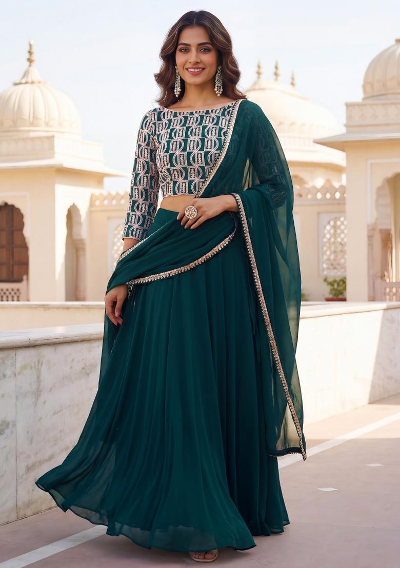 Green Embroidered Georgette Lehenga Set - Indya