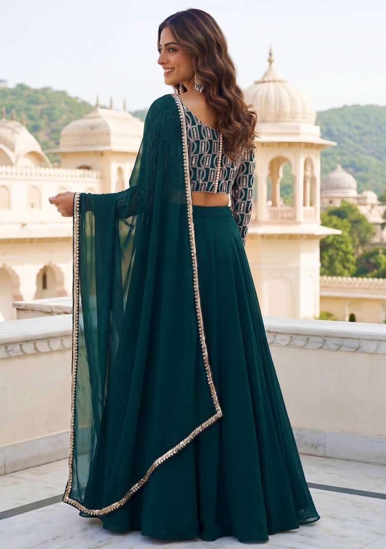 Green Embroidered Georgette Lehenga Set for Diwali and Festive Wear - Indya