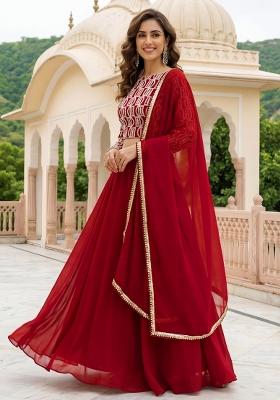 Red Embroidered Georgette Lehenga Set