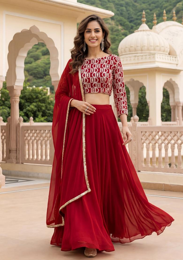 Red Embroidered Georgette Lehenga Set - Indya