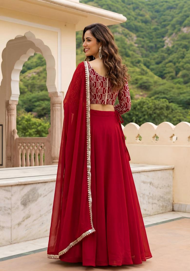 Red Embroidered Georgette Lehenga Set - Indya