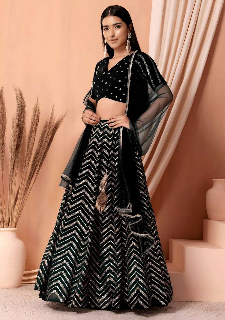 Black Embroidered Georgette Lehenga Set for Diwali and Festive Wear - Indya