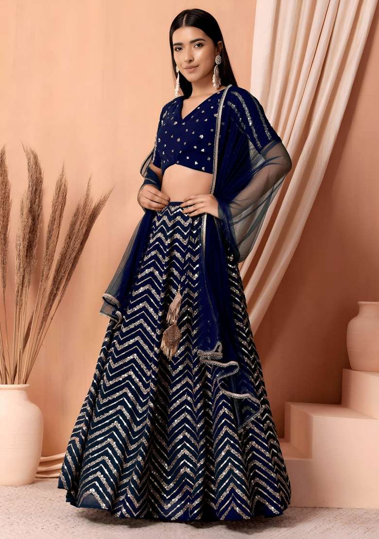 Blue Georgette Lehenga Set with Embroidered for Diwali | Wedding & Festive Wear - Indya