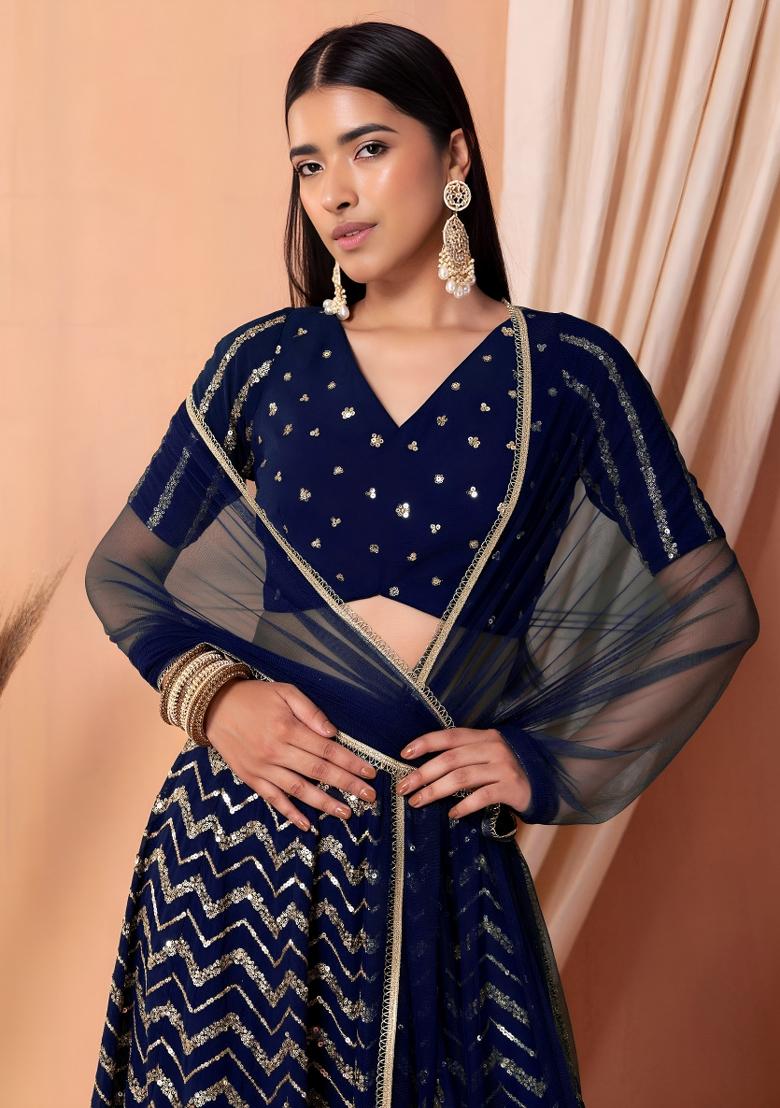 Blue Embroidered Georgette Lehenga Set - Indya