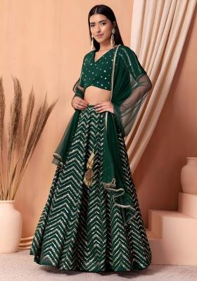 Green Embroidered Georgette Lehenga Set