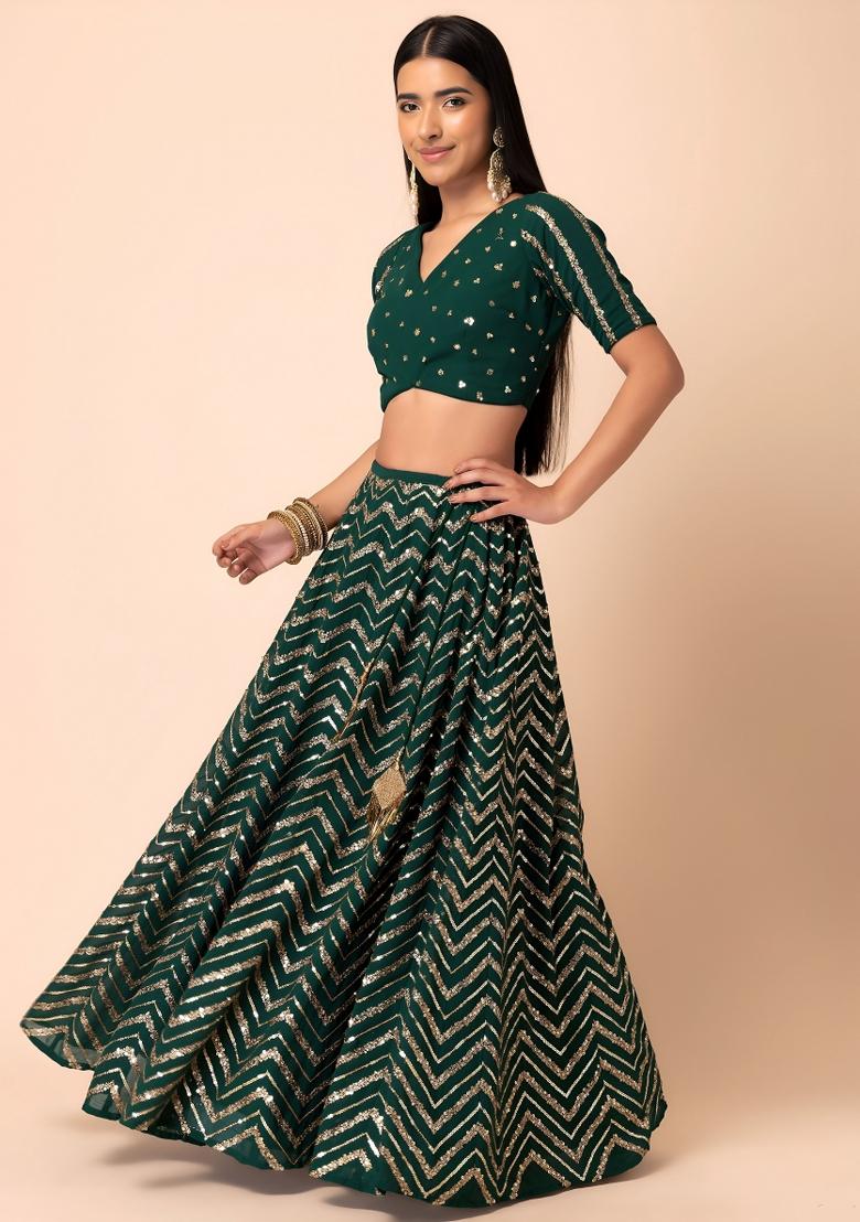 Green Embroidered Georgette Lehenga Set - Indya