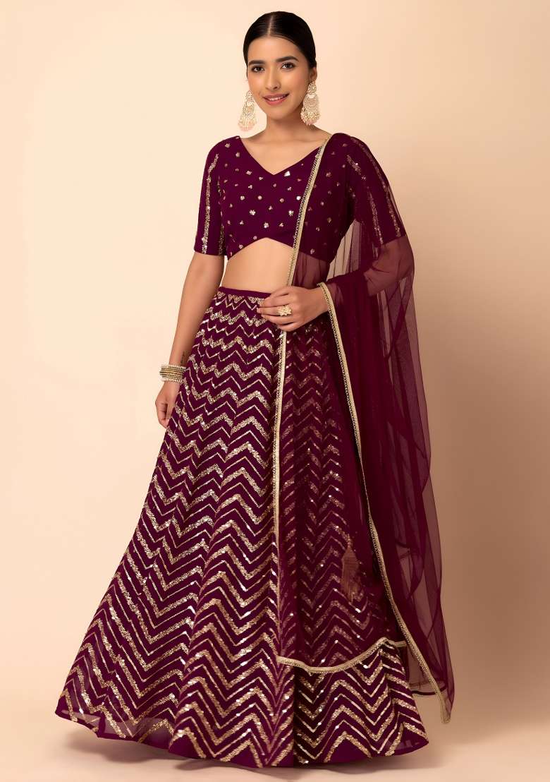 Maroon Embroidered Georgette Lehenga Set for Diwali and Festive Wear - Indya
