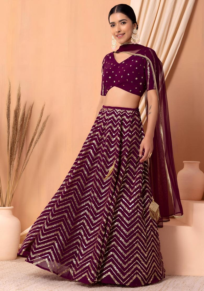 Maroon Embroidered Georgette Lehenga Set - Indya
