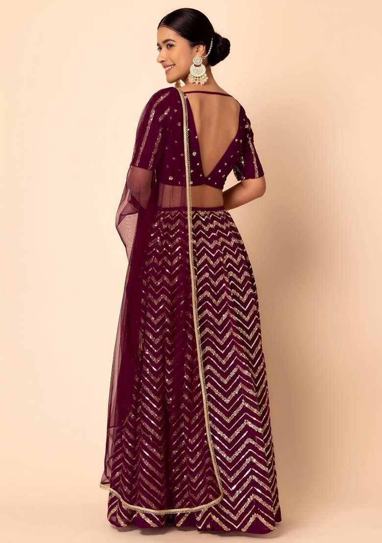 Maroon Embroidered Georgette Lehenga Set for Diwali and Festive Wear - Indya