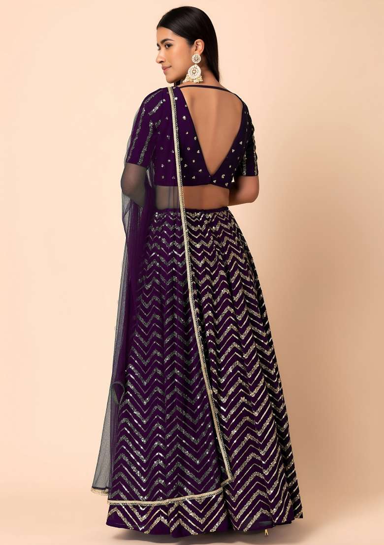 Purple Embroidered Georgette Lehenga Set for Diwali and Festive Wear - Indya