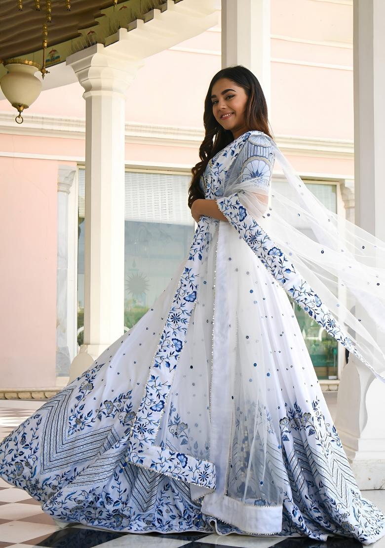 White Embroidered Satin Lehenga Set - Indya