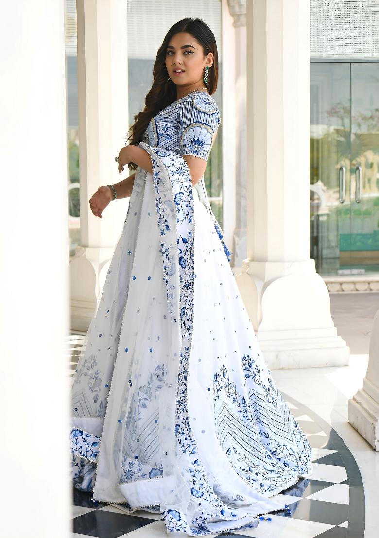 White Embroidered Satin Lehenga Set - Indya