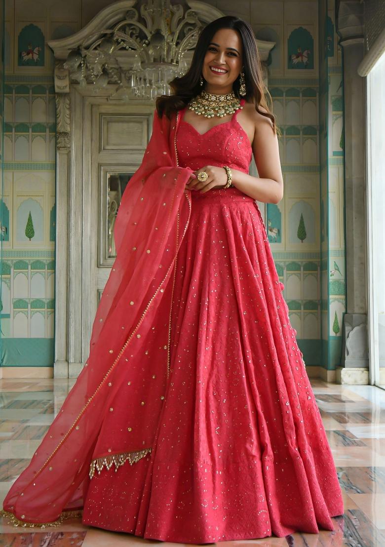 Pink Embroidered Georgette Lehenga Set - Indya