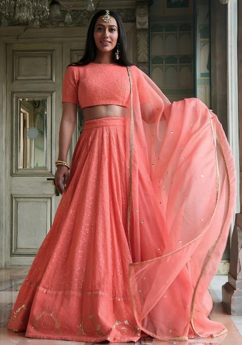 Peach Embroidered Georgette Lehenga Set