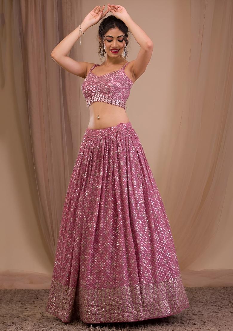 Pink Embroidered Georgette Lehenga Set - Indya
