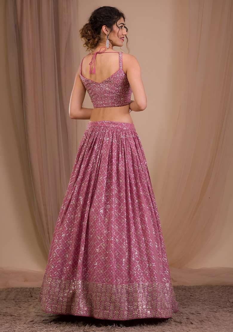Pink Georgette Lehenga Set with Embroidered for Diwali | Wedding & Festive Wear - Indya