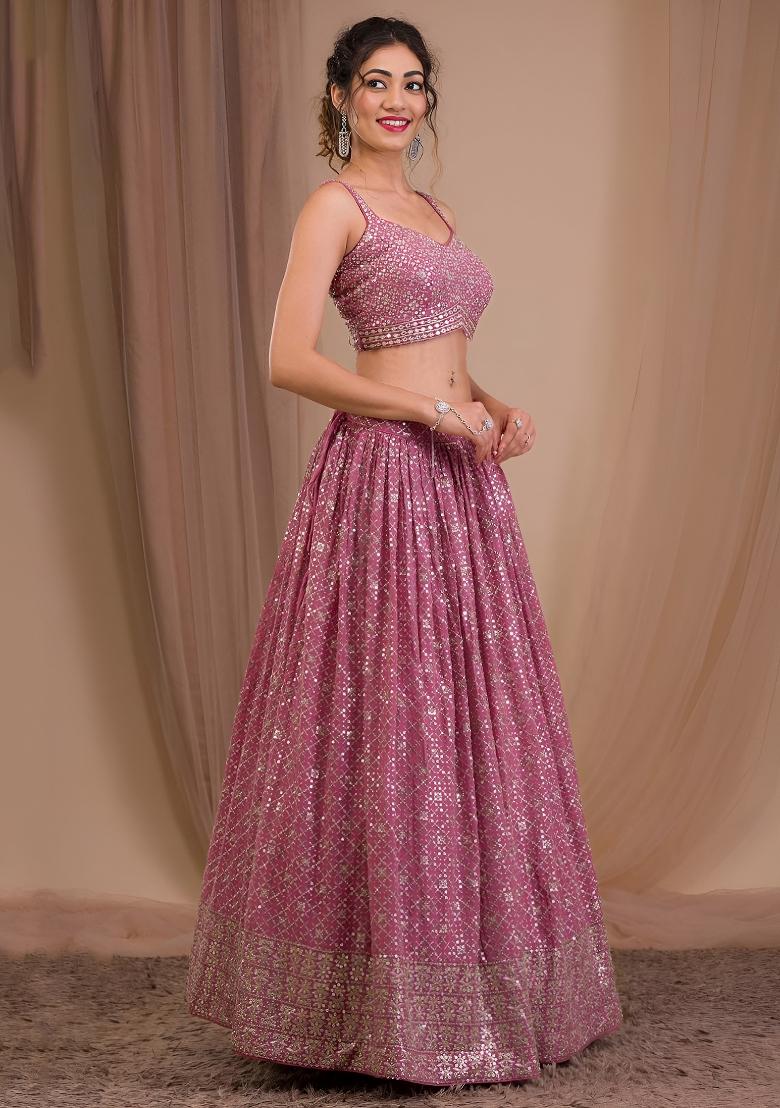 Pink Embroidered Georgette Lehenga Set - Indya