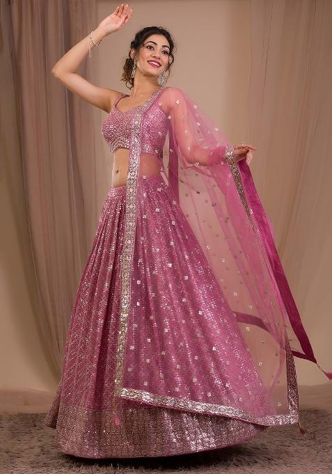 Pink Embroidered Georgette Lehenga Set