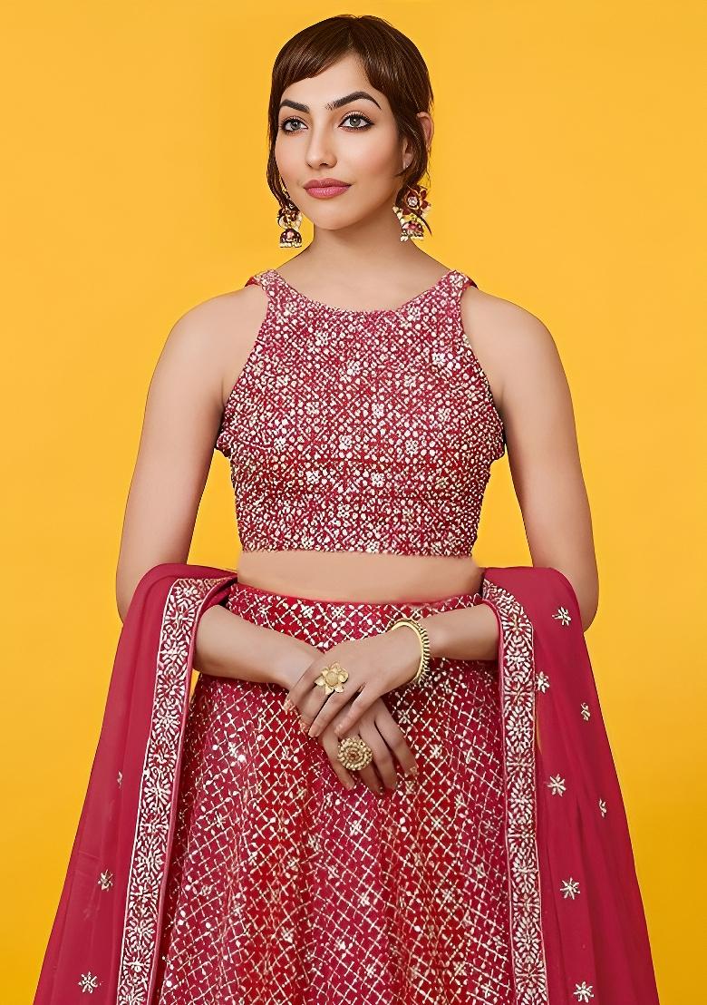Red Embroidered Georgette Lehenga Set - Indya