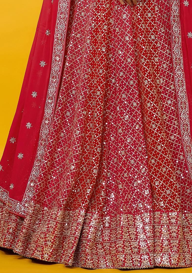 Red Embroidered Georgette Lehenga Set - Indya