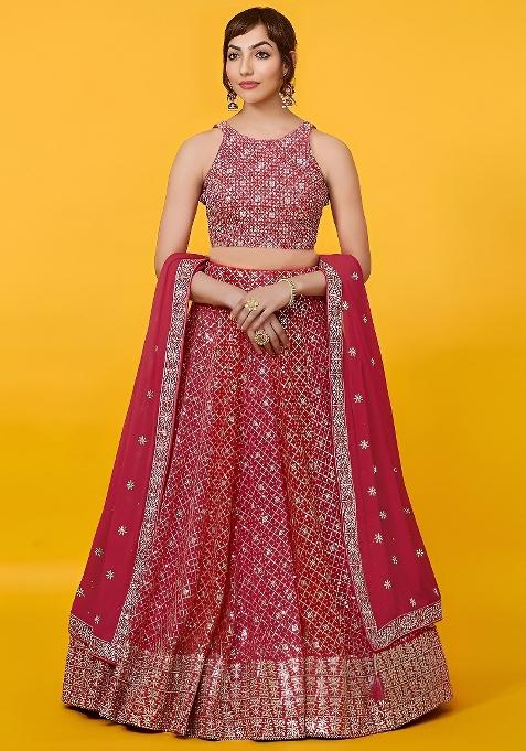 Red Embroidered Georgette Lehenga Set