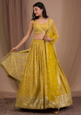 Yellow Embroidered Georgette Lehenga Set
