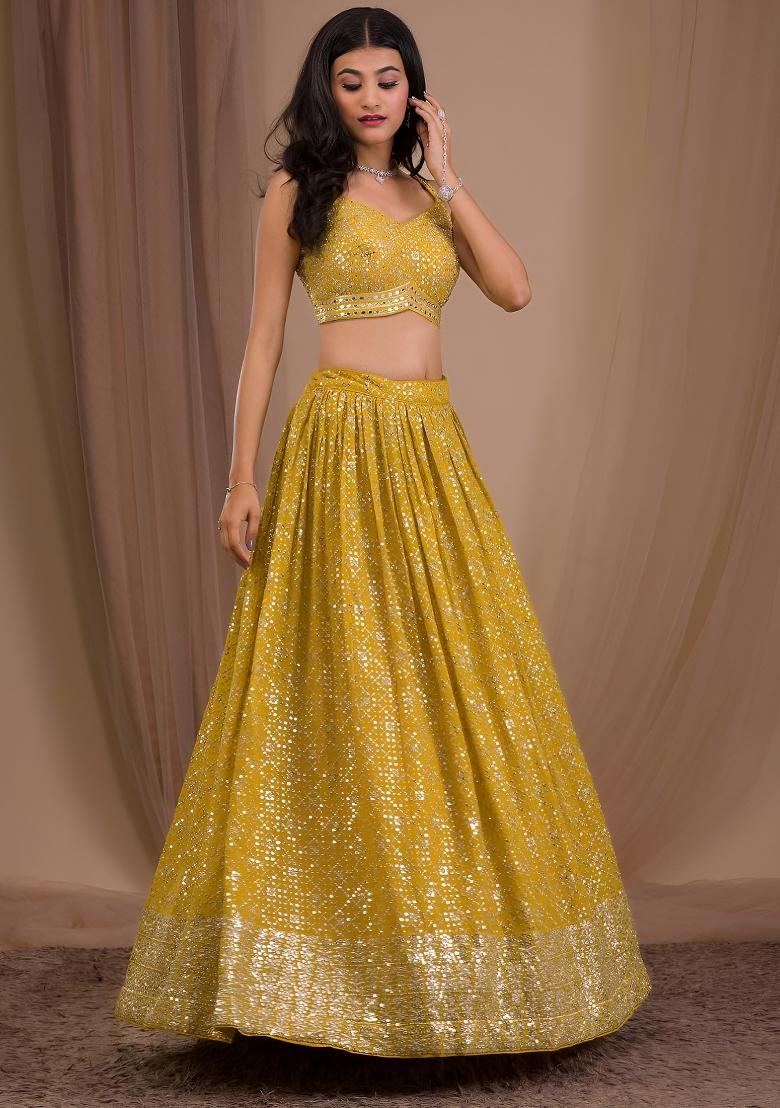 Yellow Embroidered Georgette Lehenga Set - Indya