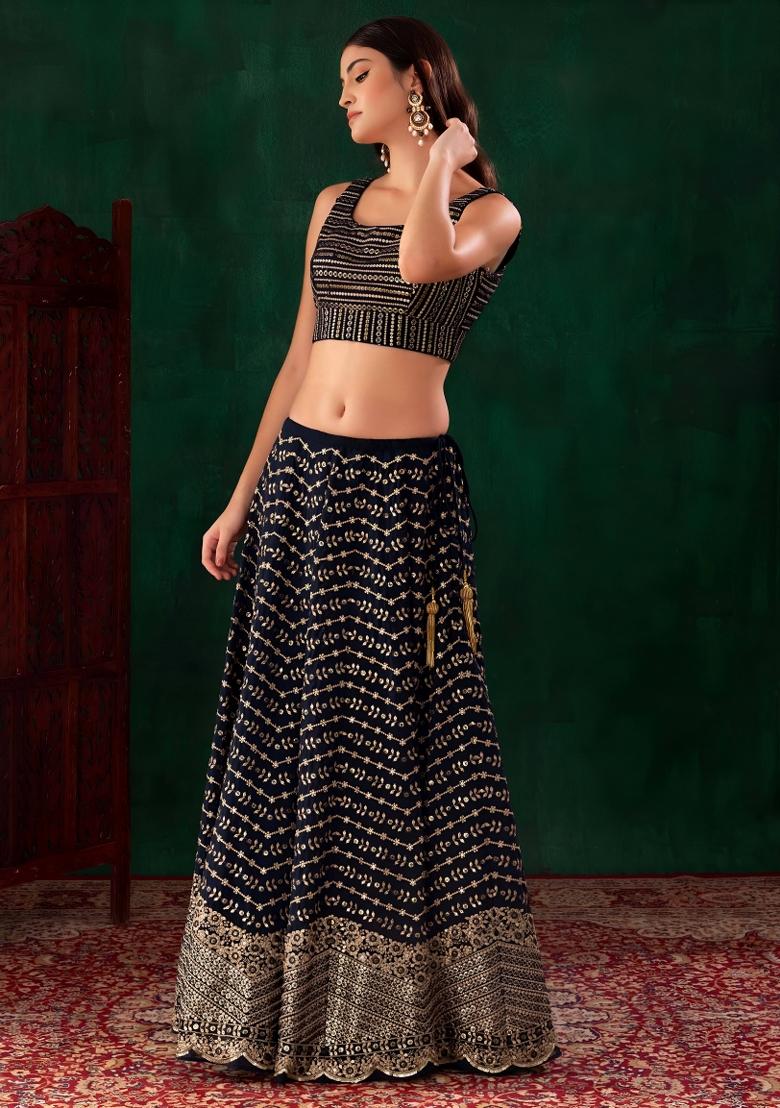 Blue Embroidered Georgette Lehenga Set - Indya