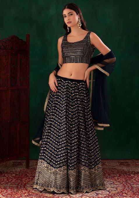 Blue Embroidered Georgette Lehenga Set