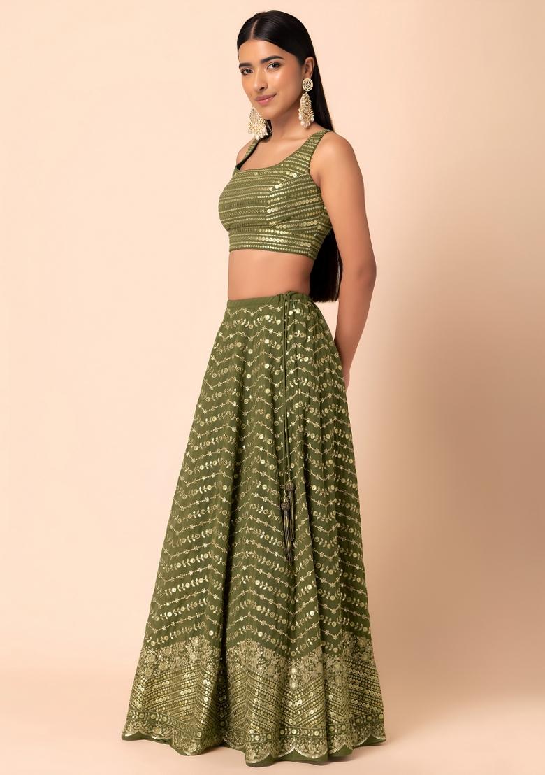 Mehendi Embroidered Georgette Lehenga Set - Indya