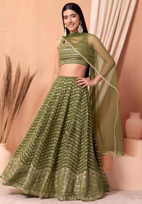 Mehendi Embroidered Georgette Lehenga Set
