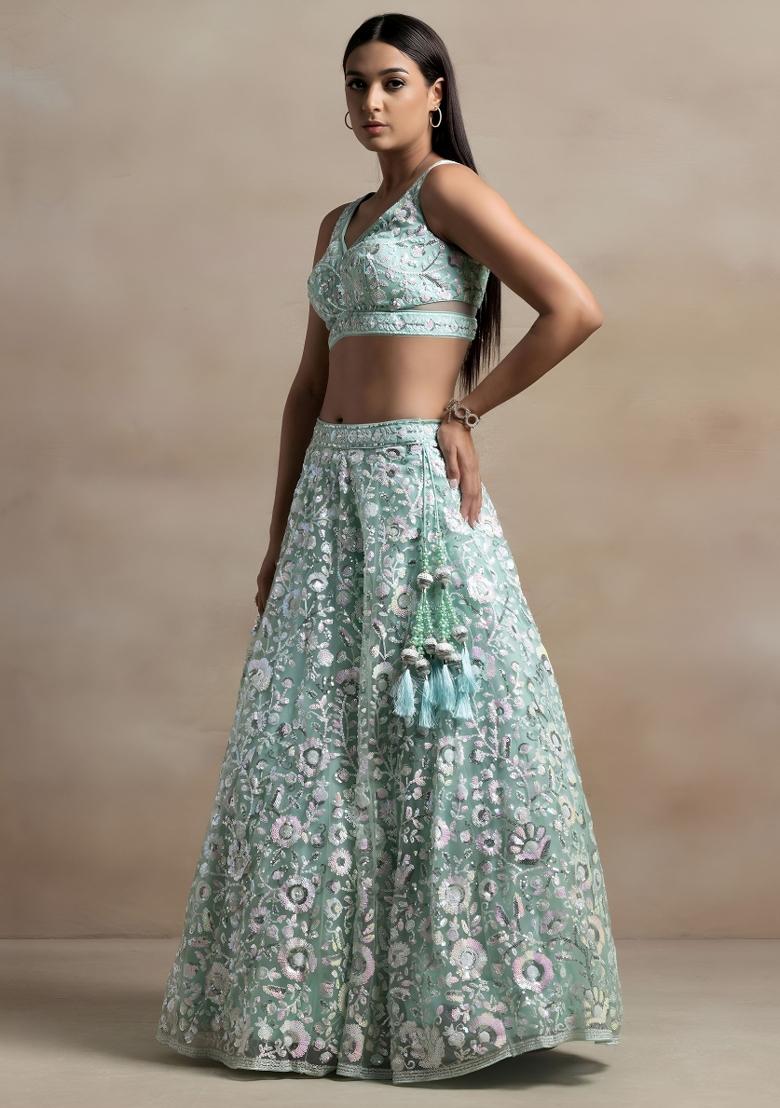 Sky Blue Embroidered Net Lehenga Set - Indya
