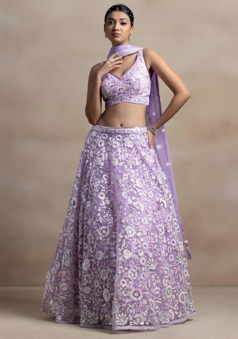 Lavender Embroidered Net Lehenga Set - Indya