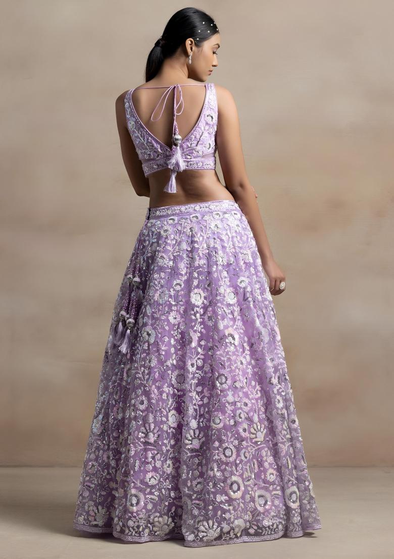 Lavender Embroidered Net Lehenga Set - Indya