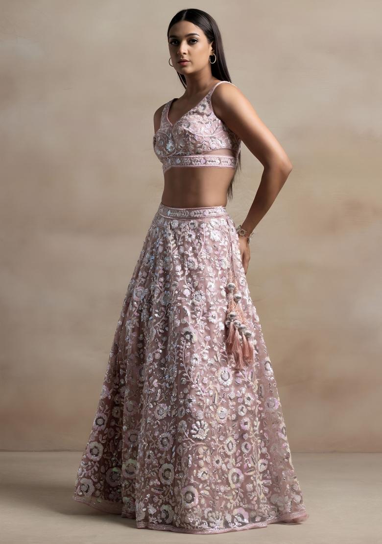 Pink Embroidered Net Lehenga Set - Indya