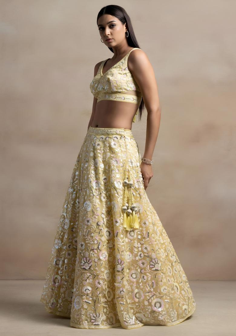 Yellow Embroidered Net Lehenga Set - Indya
