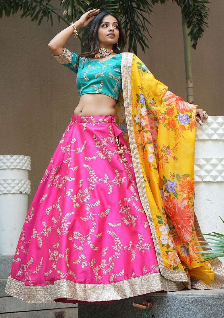 Pink Silk Lehenga Set with Embroidered for Diwali | Wedding & Festive Wear - Indya