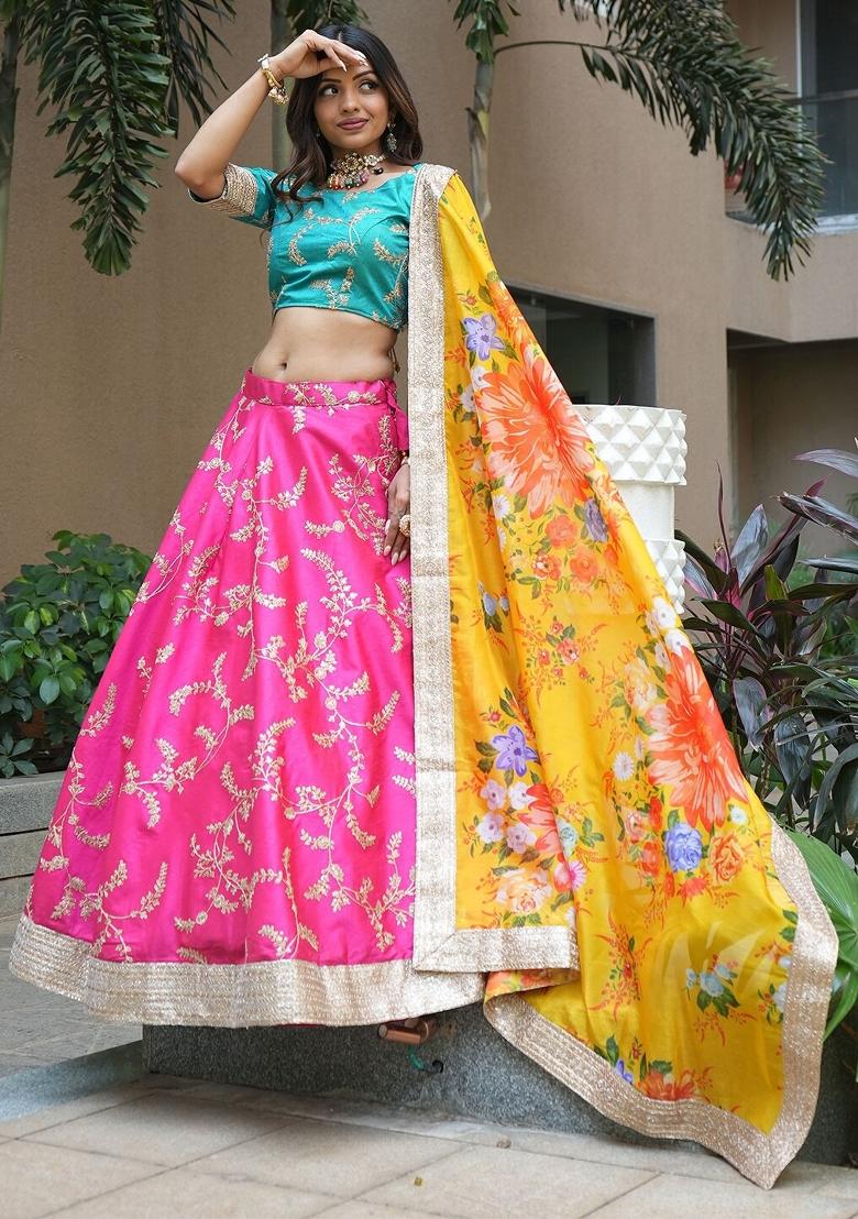 Pink Embroidered Silk Lehenga Set - Indya