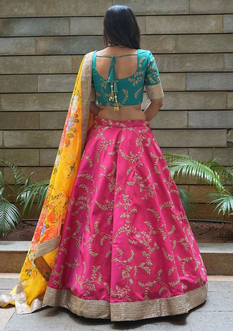 Pink Silk Lehenga Set with Embroidered for Diwali | Wedding & Festive Wear - Indya