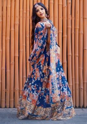Blue Embroidered Organza Lehenga Set