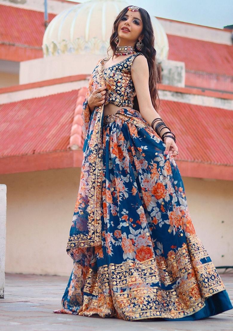 Blue Embroidered Organza Lehenga Set - Indya