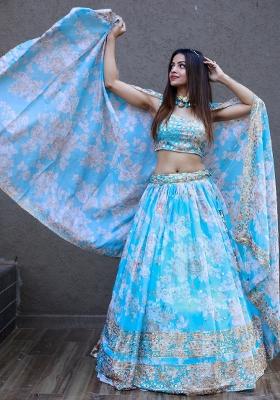 Sky Blue Embroidered Organza Lehenga Set