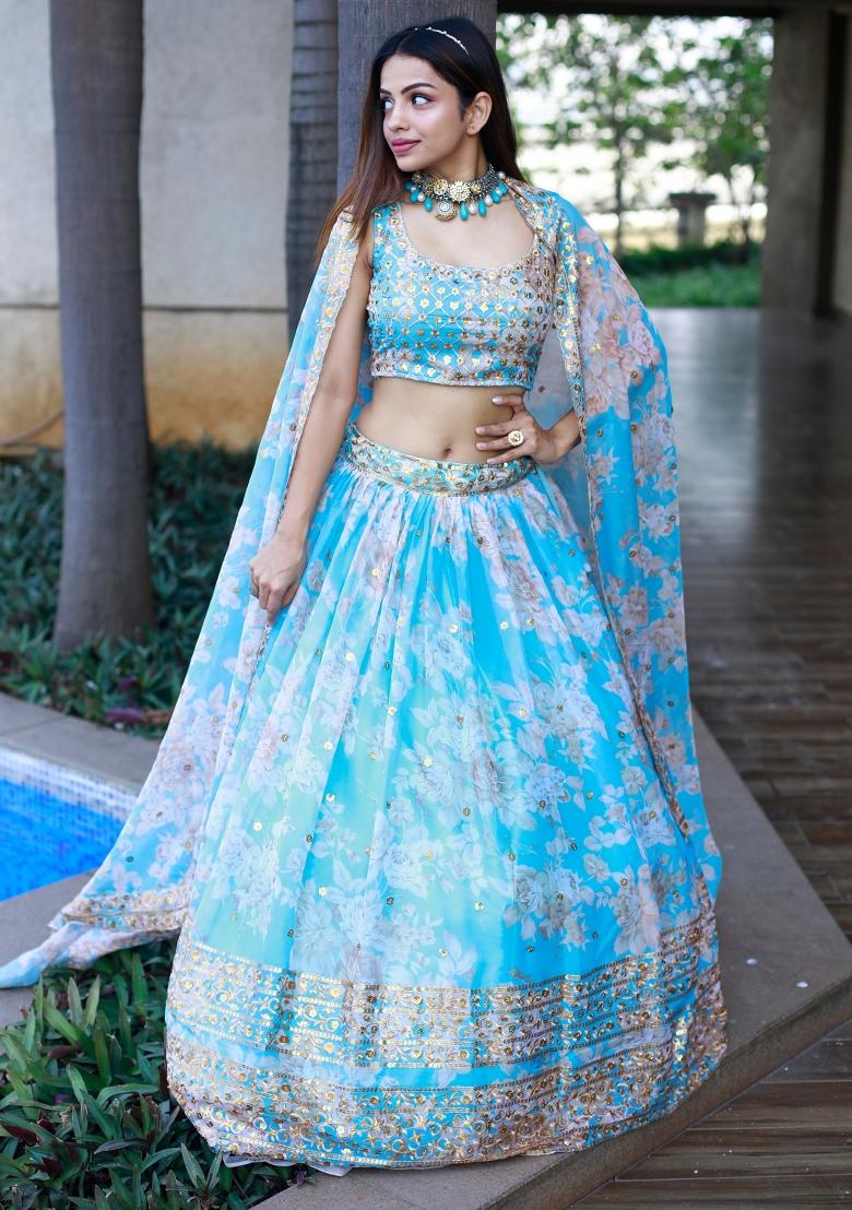 Sky Blue Embroidered Organza Lehenga Set - Indya
