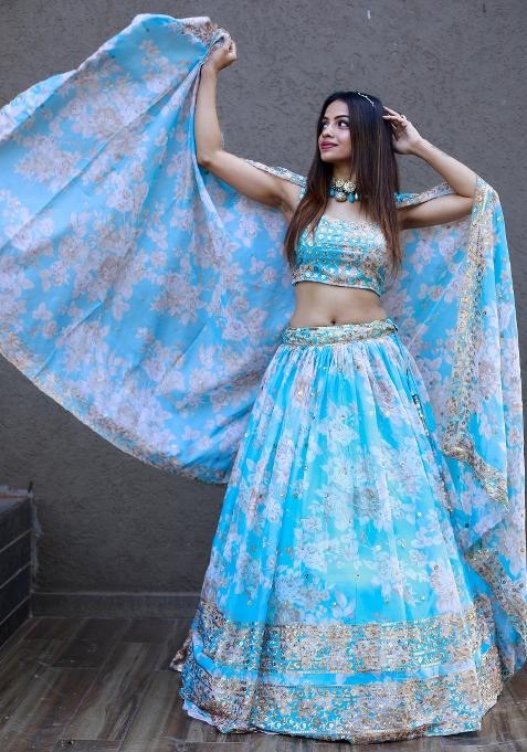 Sky Blue Embroidered Organza Lehenga Set